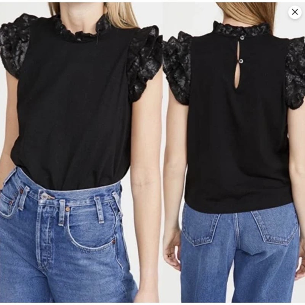 Women's Sea New York Rachelle Sequin Collar Sequin Flutter Sleeves Mock Neck Tee